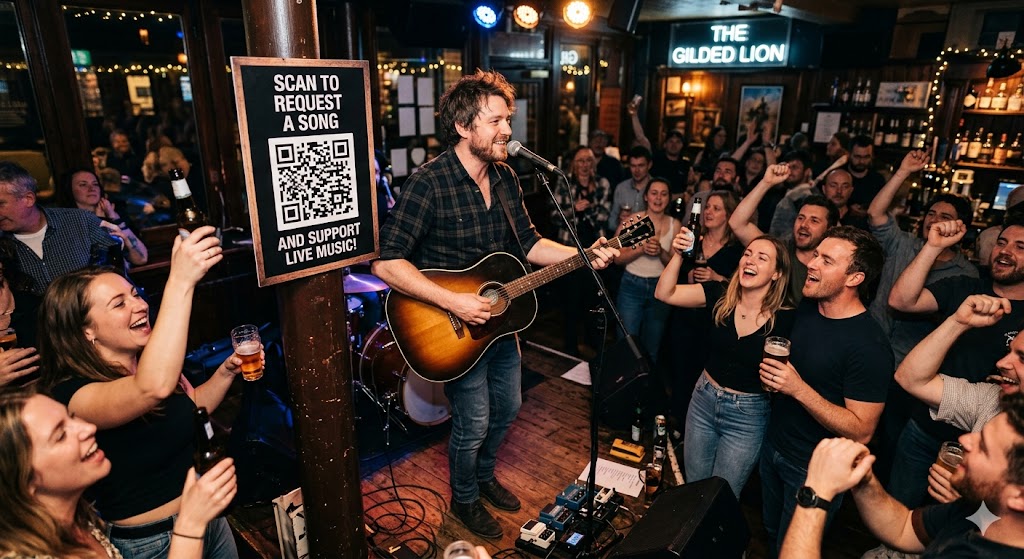 Musician performing live with a QR code sign while fans cheer